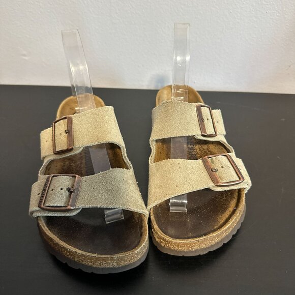 Birkenstock Arizona Suede Leather Taupe Strap Sandals Womens Sz 37 US 6 Slip On - Picture 7 of 8